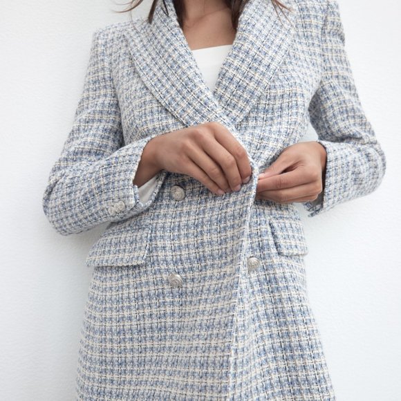 ZARA WOMAN NEW TEXTURED PLAID BLAZER DOUBLE BREASTED WHITE BLUE 8415/107 S - Picture 5 of 11